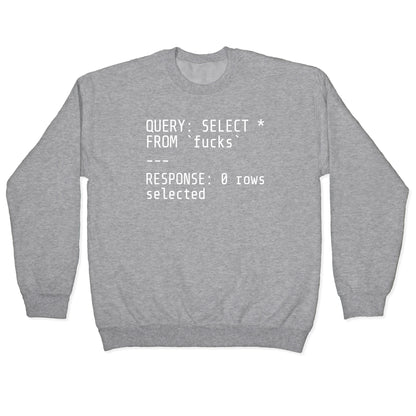 QUERY: SELECT* FROM 'fucks' -- RESPONSE: 0 rows selected Crewneck Sweatshirt