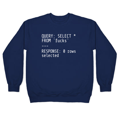 QUERY: SELECT* FROM 'fucks' -- RESPONSE: 0 rows selected Crewneck Sweatshirt