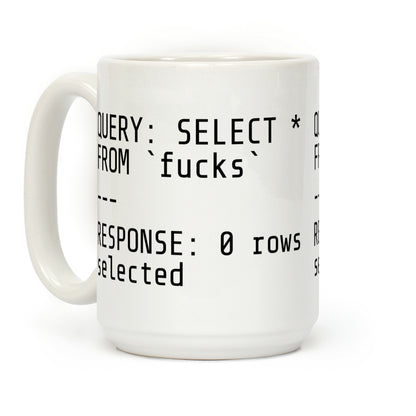 QUERY: SELECT* FROM 'F***s' -- RESPONSE: 0 rows selected Coffee Mug