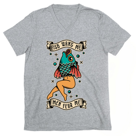 Fish Want Me Men Fear Me Reverse Mermaid V-Neck