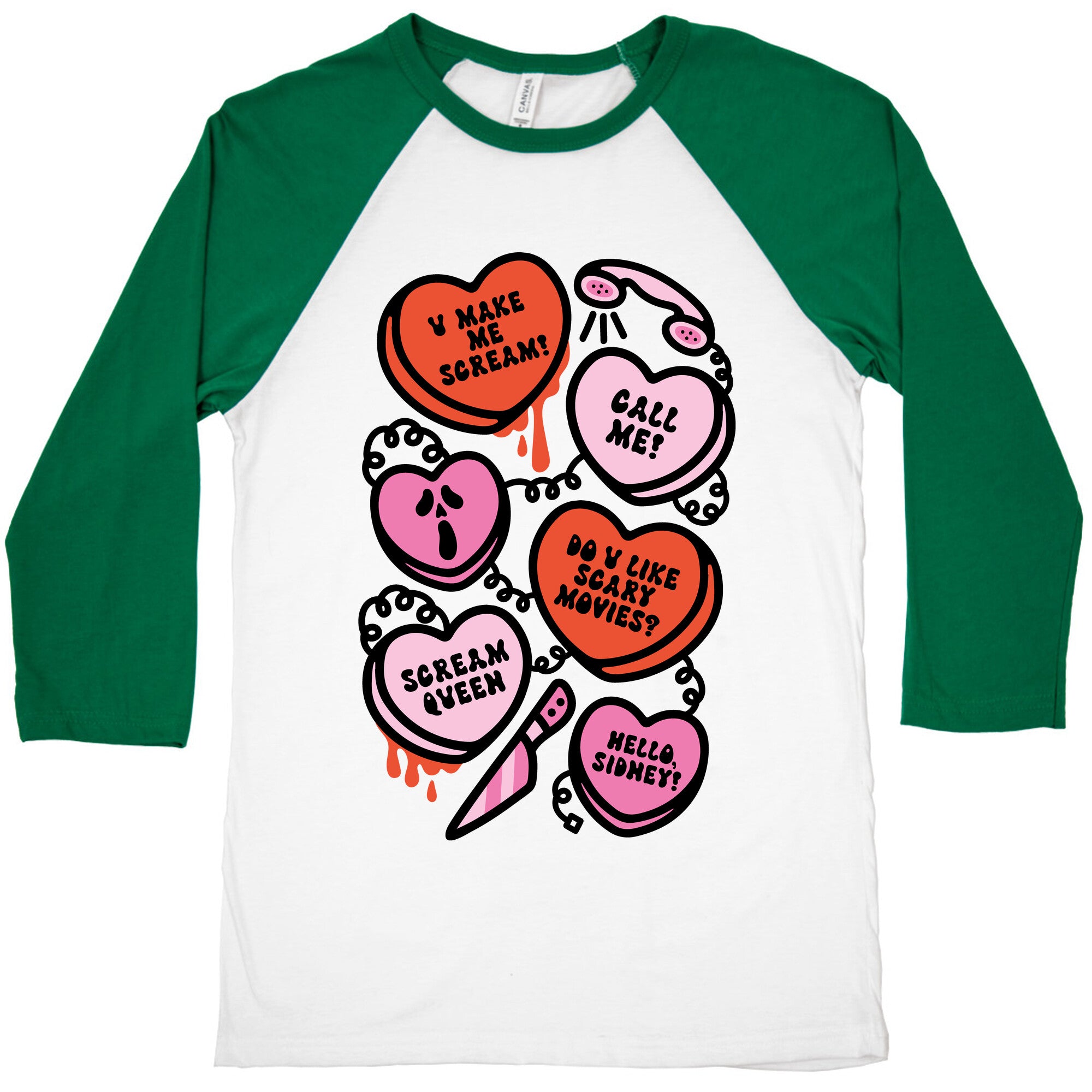 Scream Queen Candy Hearts Parody Baseball Tee