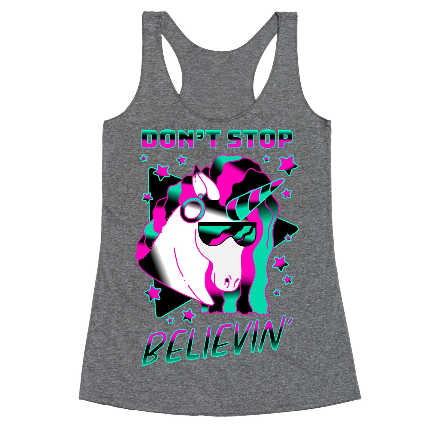 Don't Stop Believin' 80s Synthwave Unicorn Racerback Tank