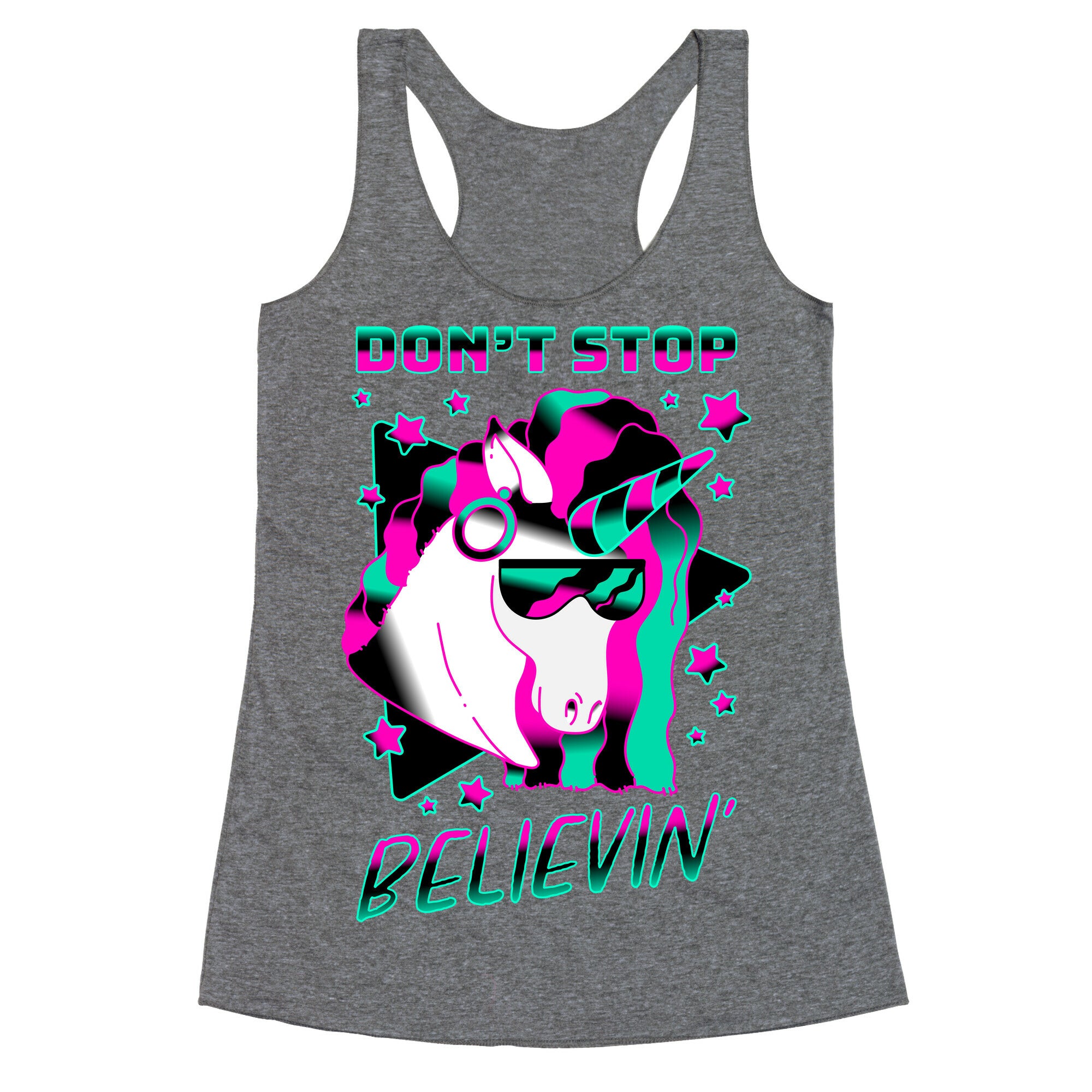 Don't Stop Believin' 80s Synthwave Unicorn Racerback Tank