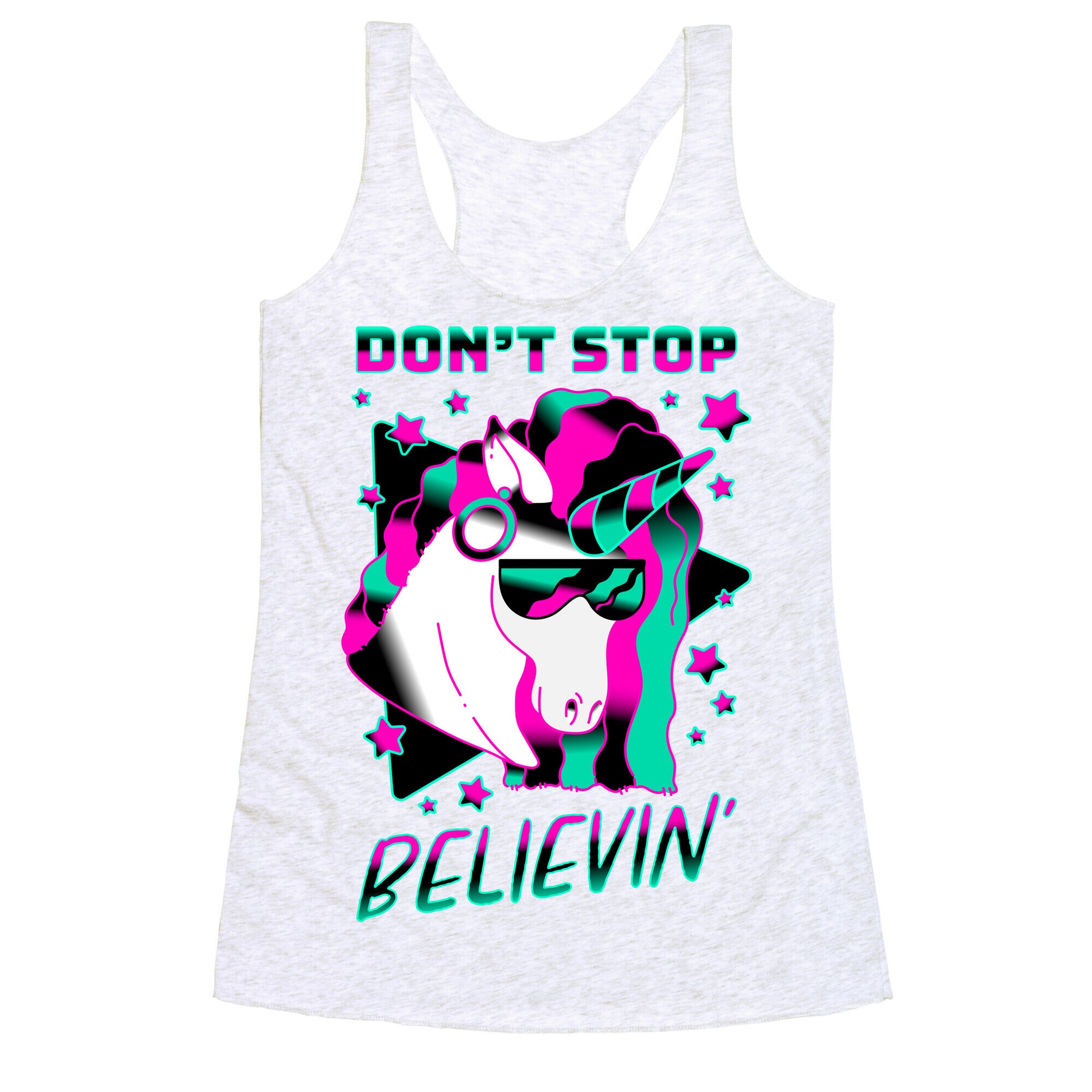Don't Stop Believin' 80s Synthwave Unicorn Racerback Tank