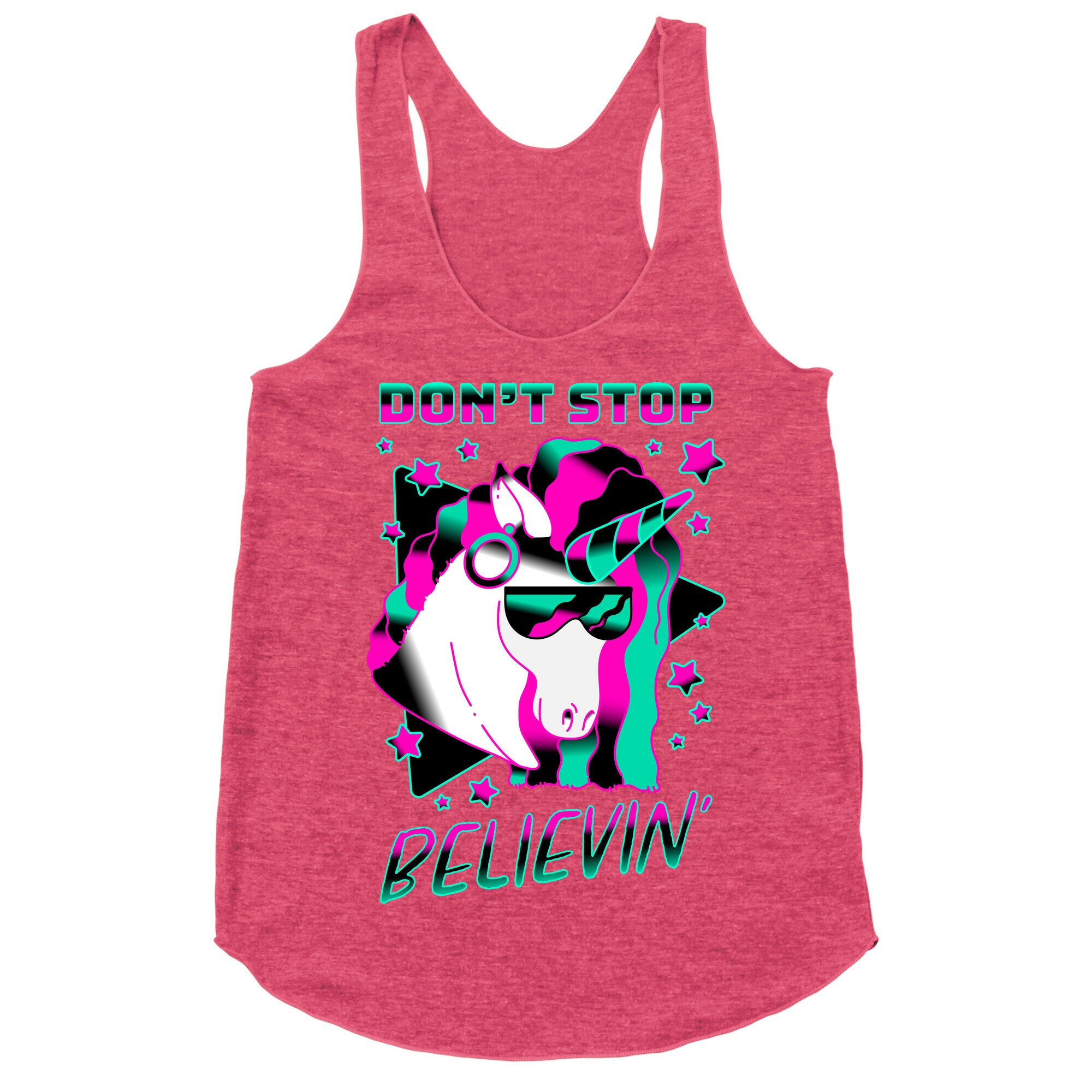 Don't Stop Believin' 80s Synthwave Unicorn Racerback Tank