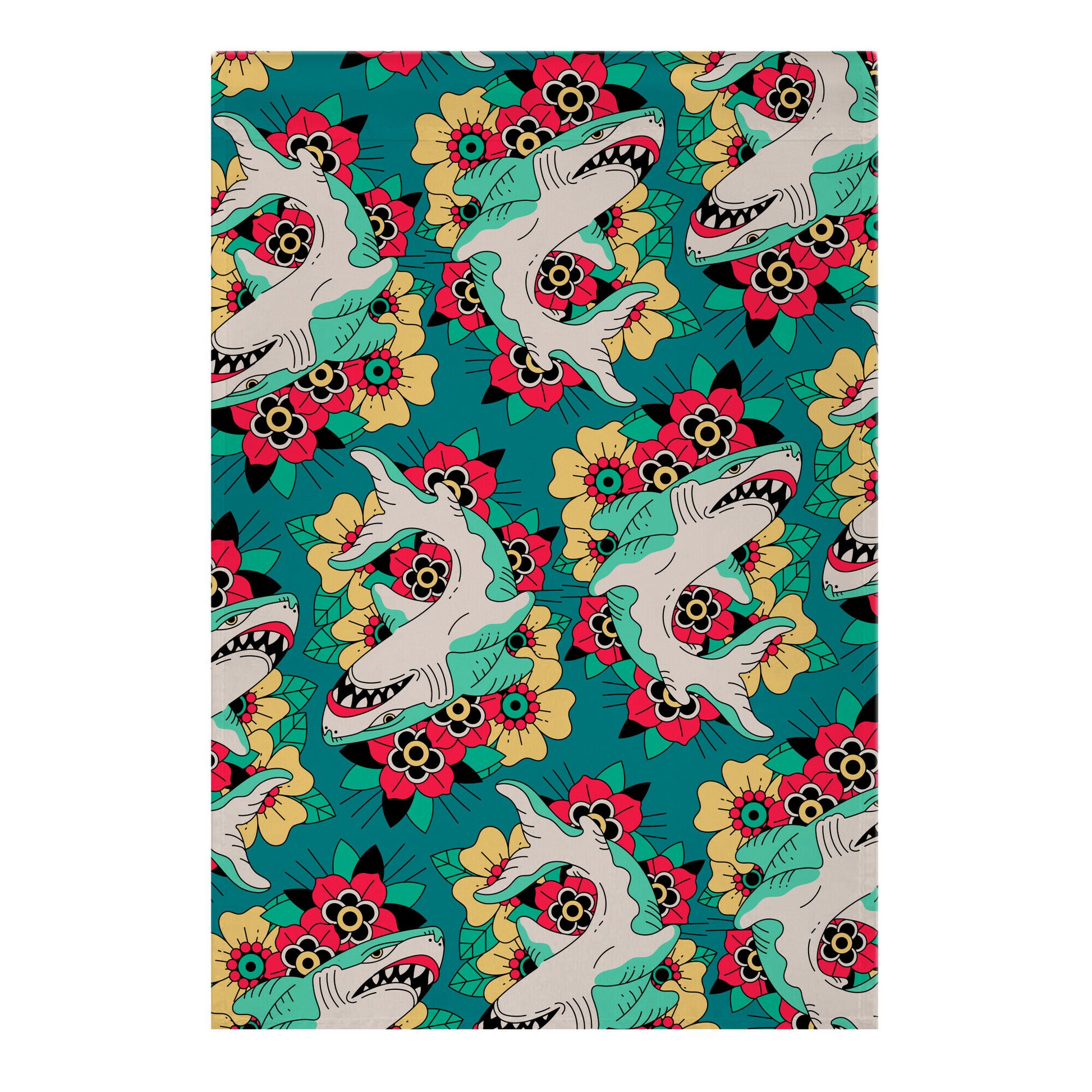 Floral Shark Traditional Tattoo Garden Flag