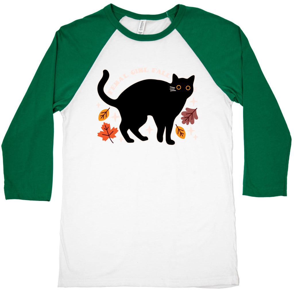 Feral Girl Fall Black Cat Baseball Tee