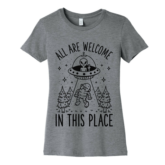 All are Welcome in this Place Bigfoot Alien Abduction Women's Cotton Tee
