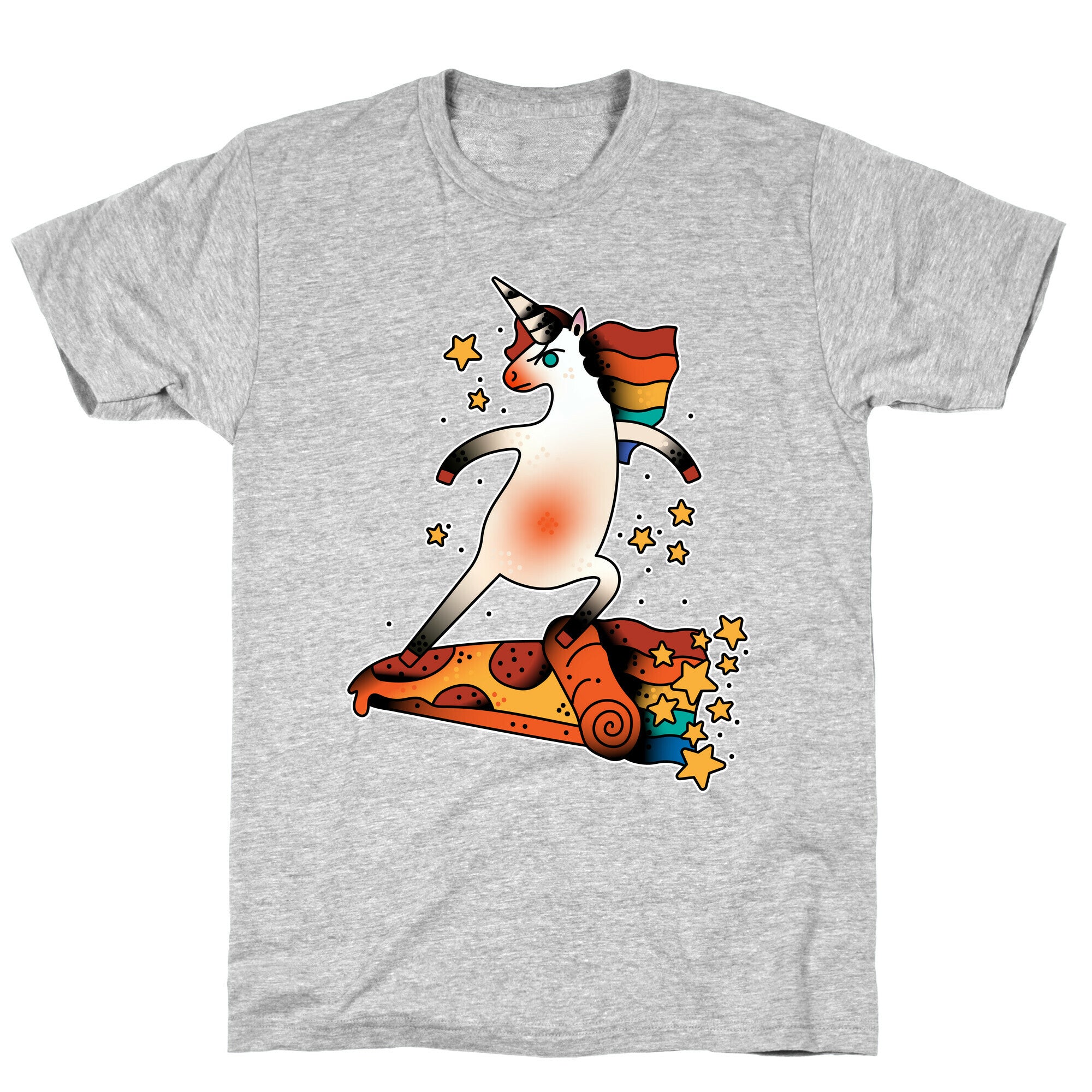 Rad Unicorn Skateboarding a Pizza Tattoo T-Shirt