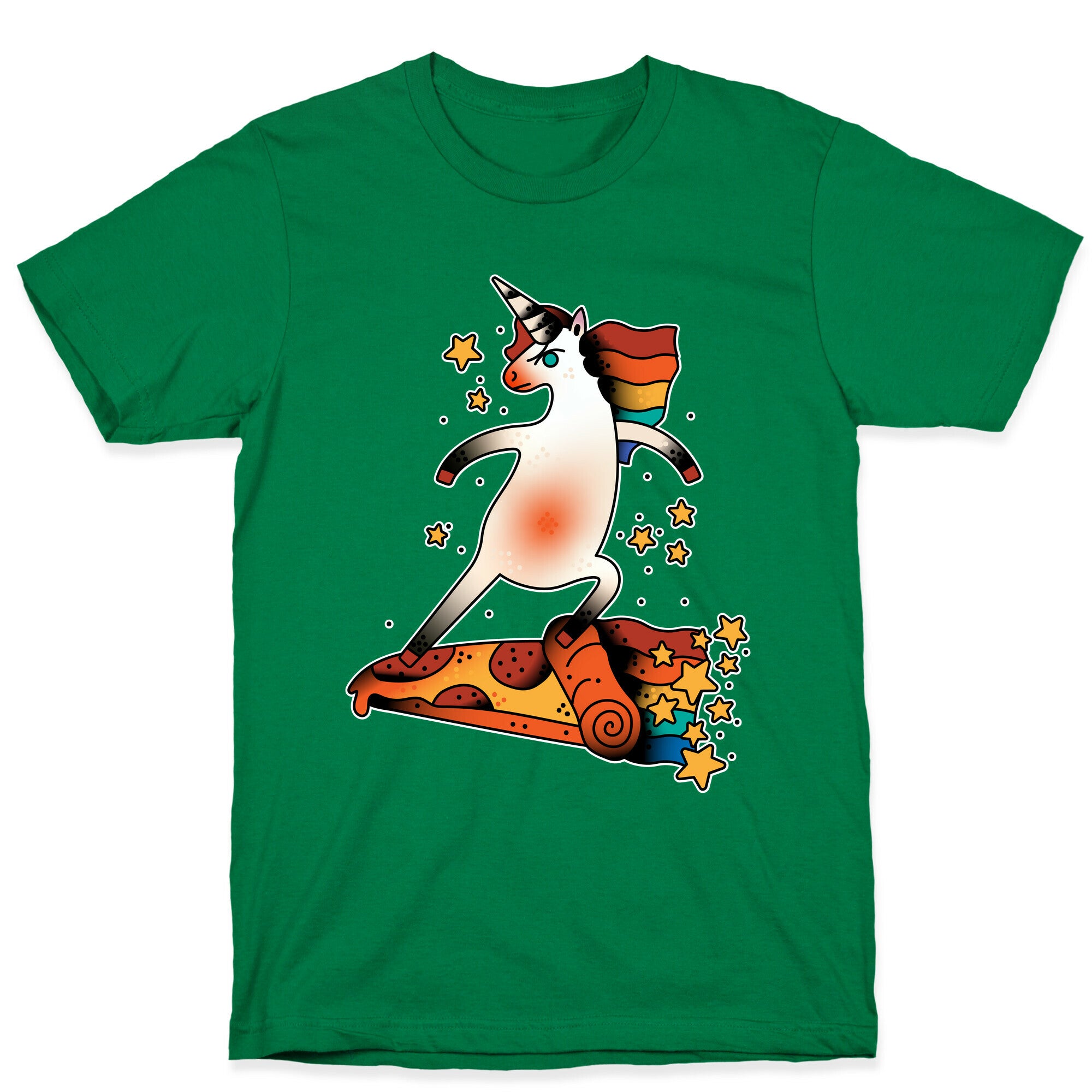 Rad Unicorn Skateboarding a Pizza Tattoo T-Shirt