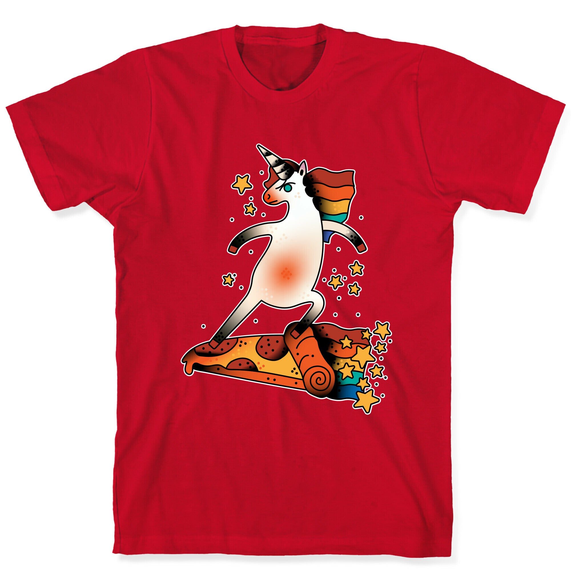 Rad Unicorn Skateboarding a Pizza Tattoo T-Shirt