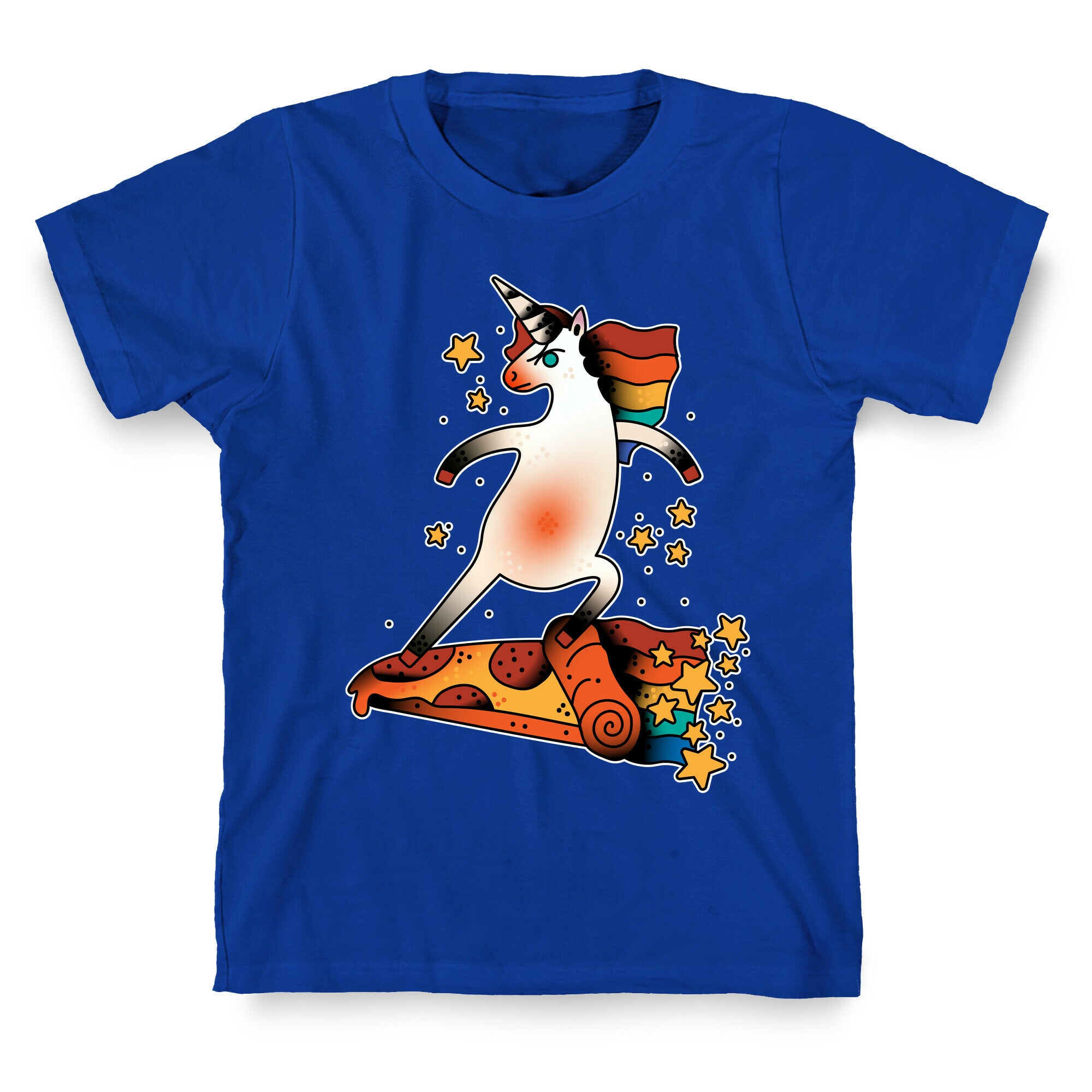 Rad Unicorn Skateboarding a Pizza Tattoo T-Shirt