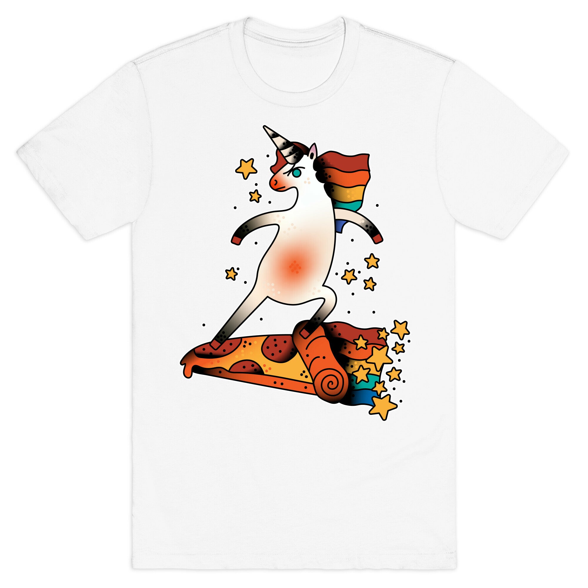 Rad Unicorn Skateboarding a Pizza Tattoo T-Shirt