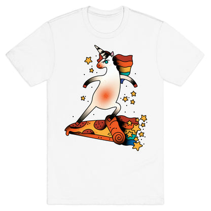 Rad Unicorn Skateboarding a Pizza Tattoo T-Shirt