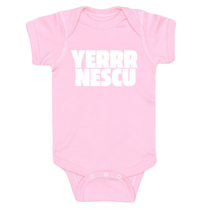 Yerrr Nescu White Text Baby One-Piece