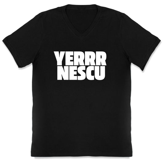 Yerrr Nescu White Text V-Neck