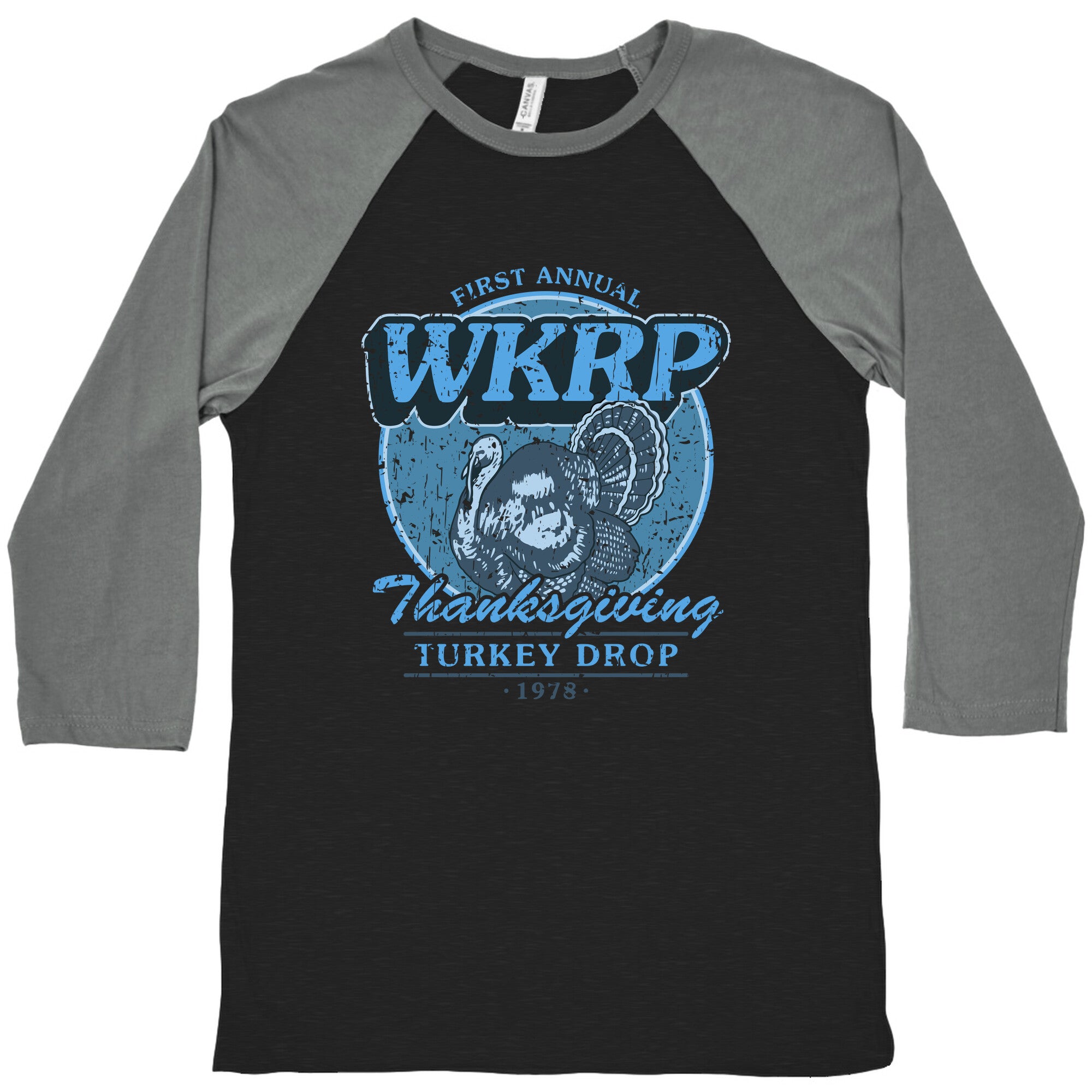 WKRP Turkey Drop Baseball Tee