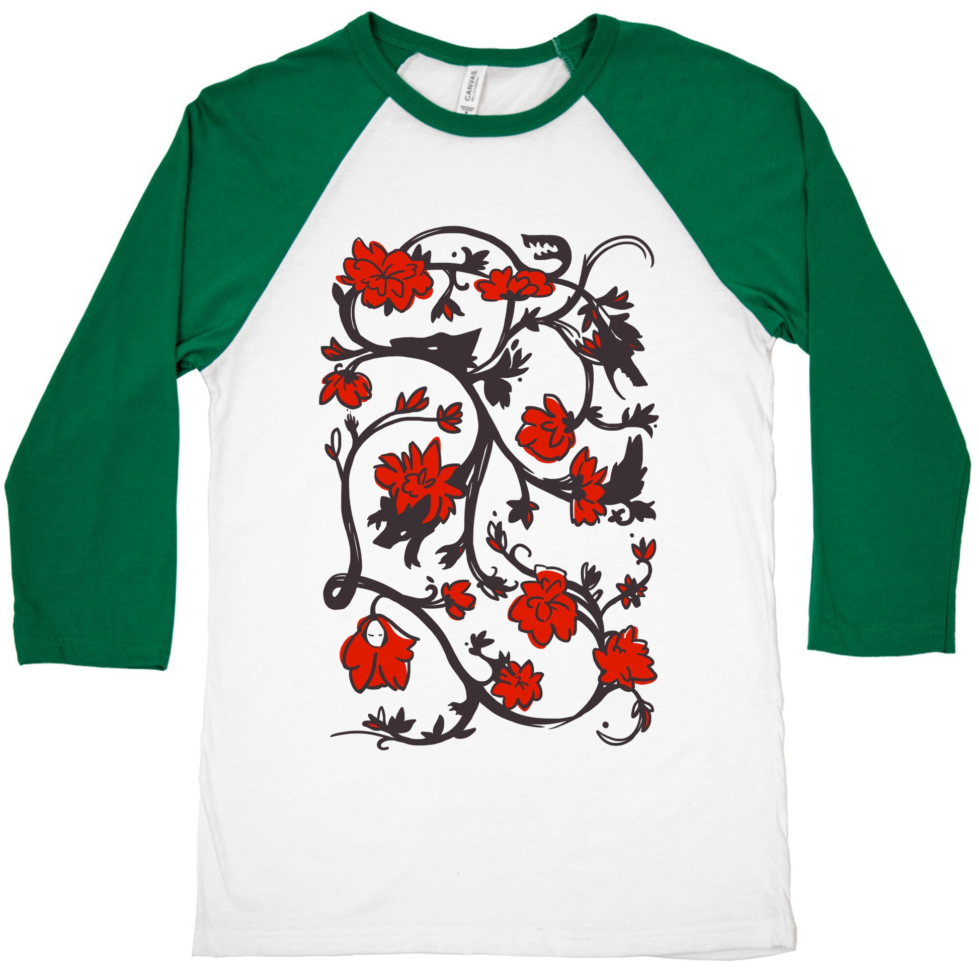 Little Red Riding Hood & Wolf Floral Pattern Baseball Tee