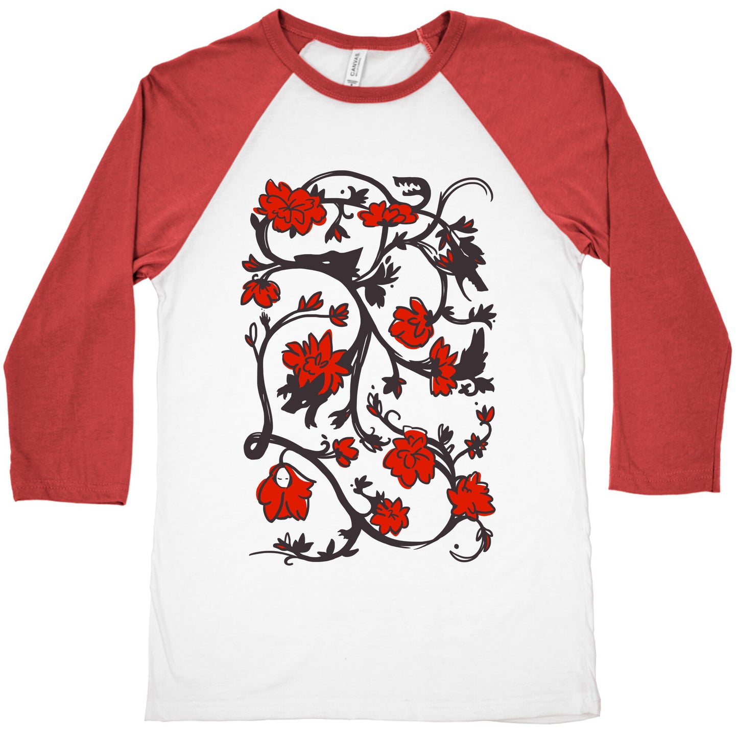Little Red Riding Hood & Wolf Floral Pattern Baseball Tee