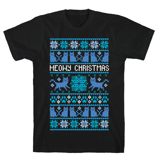 Meowy Christmas Cat Sweater Pattern T-Shirt