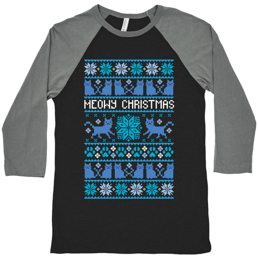 Meowy Christmas Cat Sweater Pattern Baseball Tee