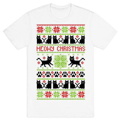 Meowy Christmas Cat Sweater Pattern T-Shirt