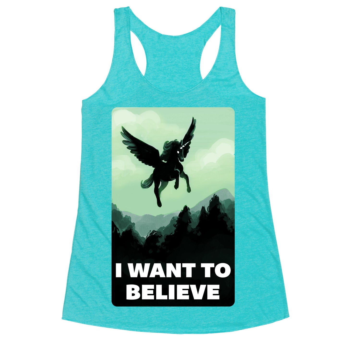 Winged Unicorn: I Want To Believe Parody Racerback Tank