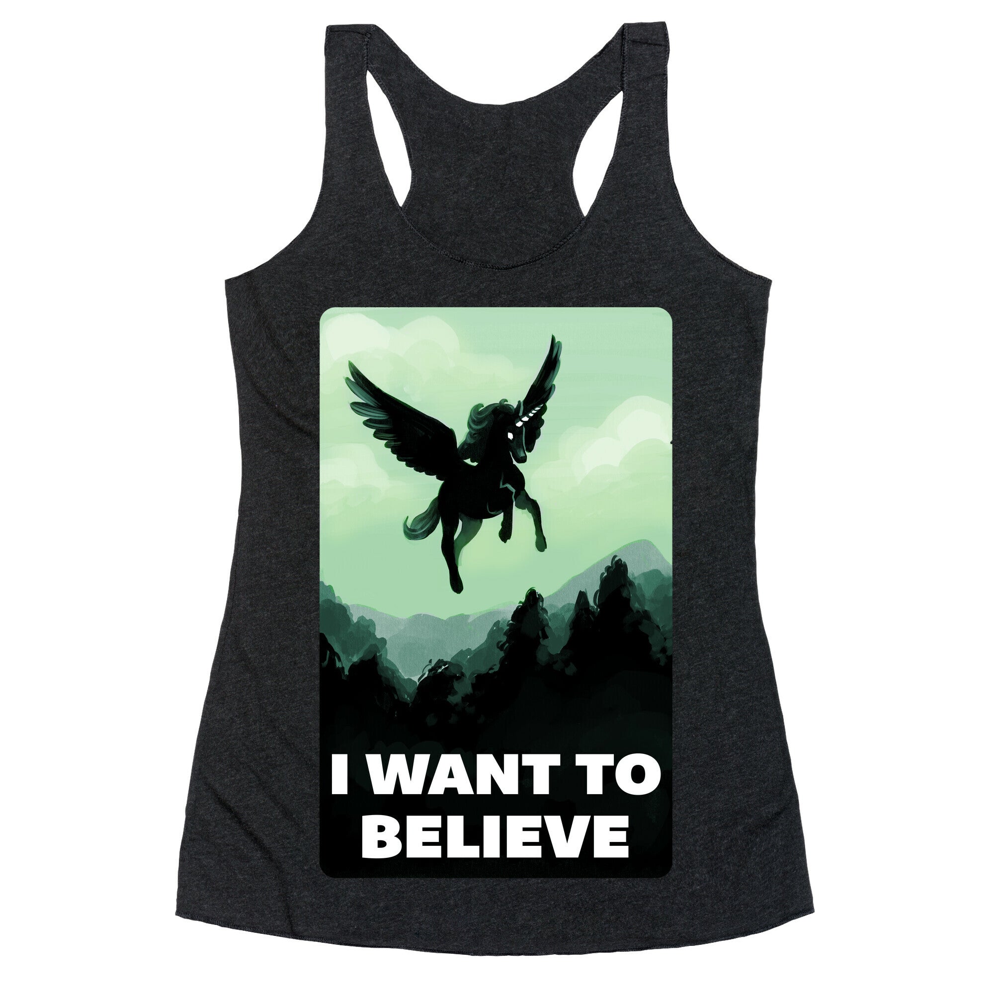 Winged Unicorn: I Want To Believe Parody Racerback Tank