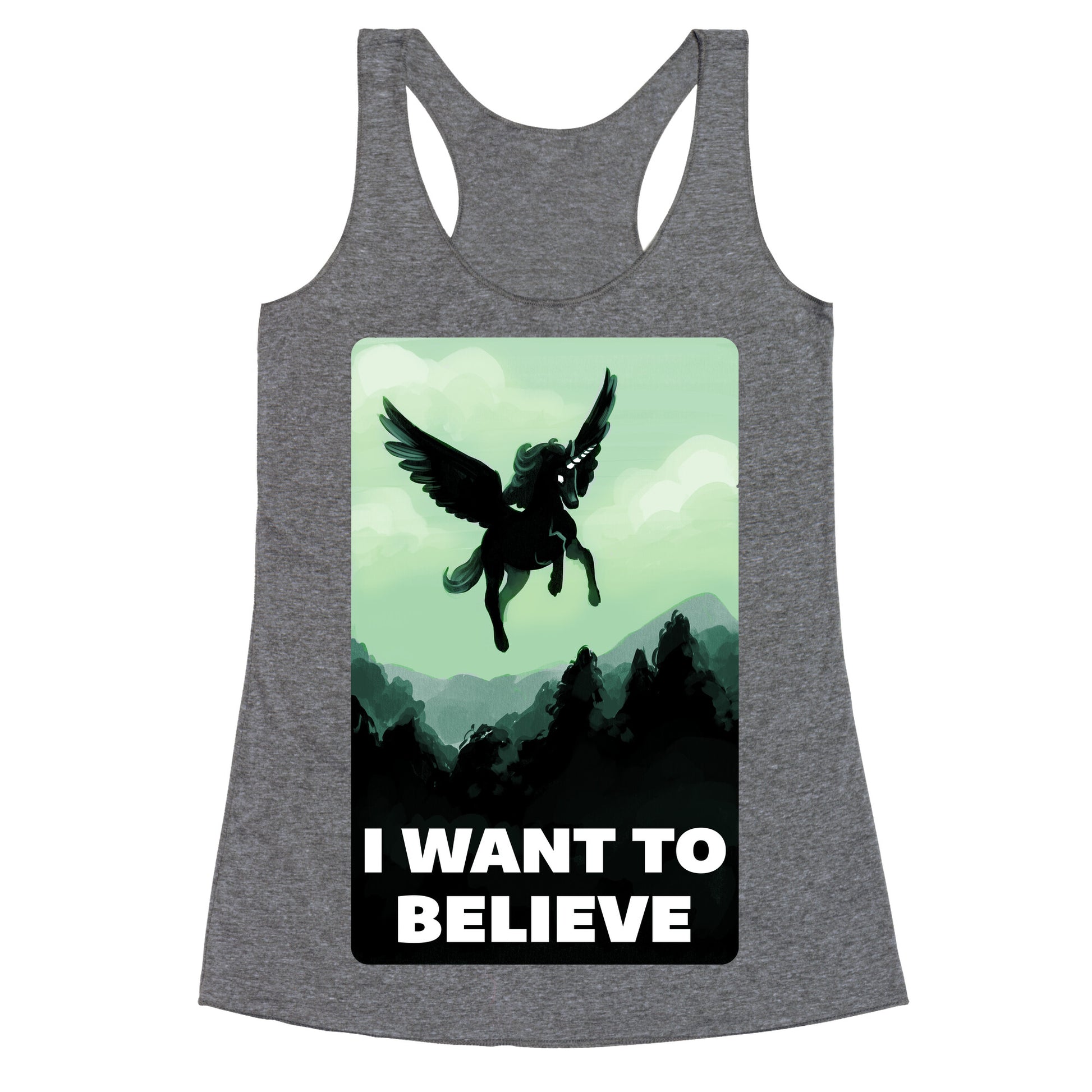 Winged Unicorn: I Want To Believe Parody Racerback Tank