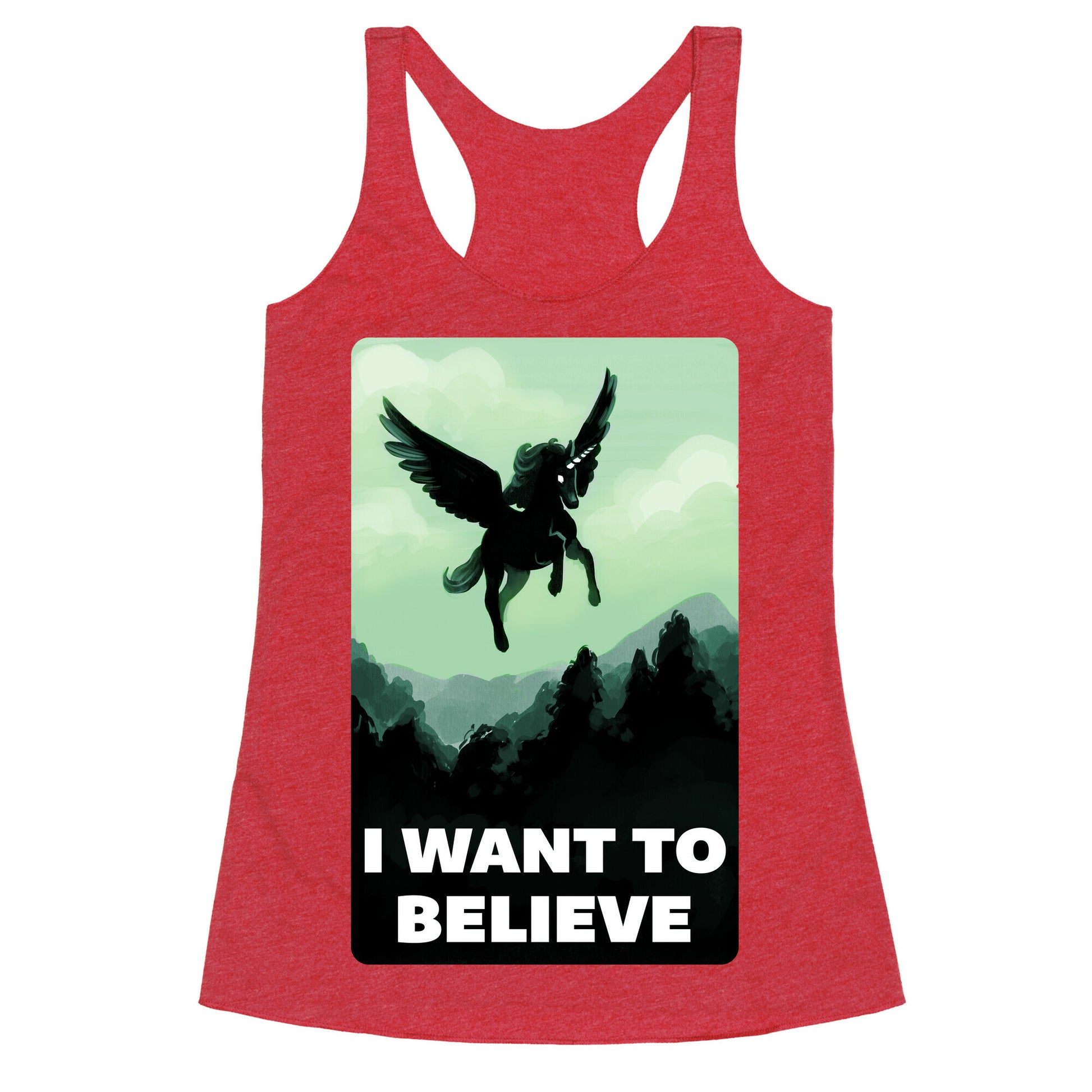 Winged Unicorn: I Want To Believe Parody Racerback Tank
