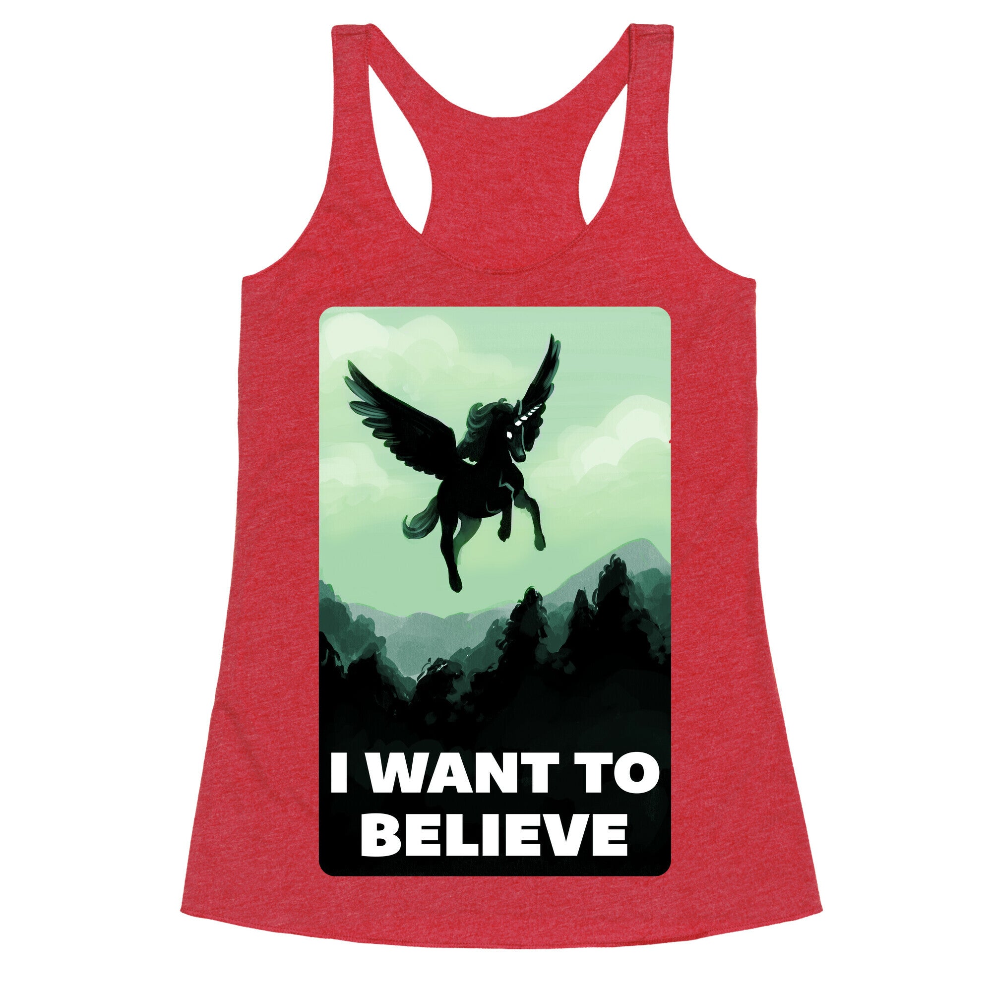 Winged Unicorn: I Want To Believe Parody Racerback Tank