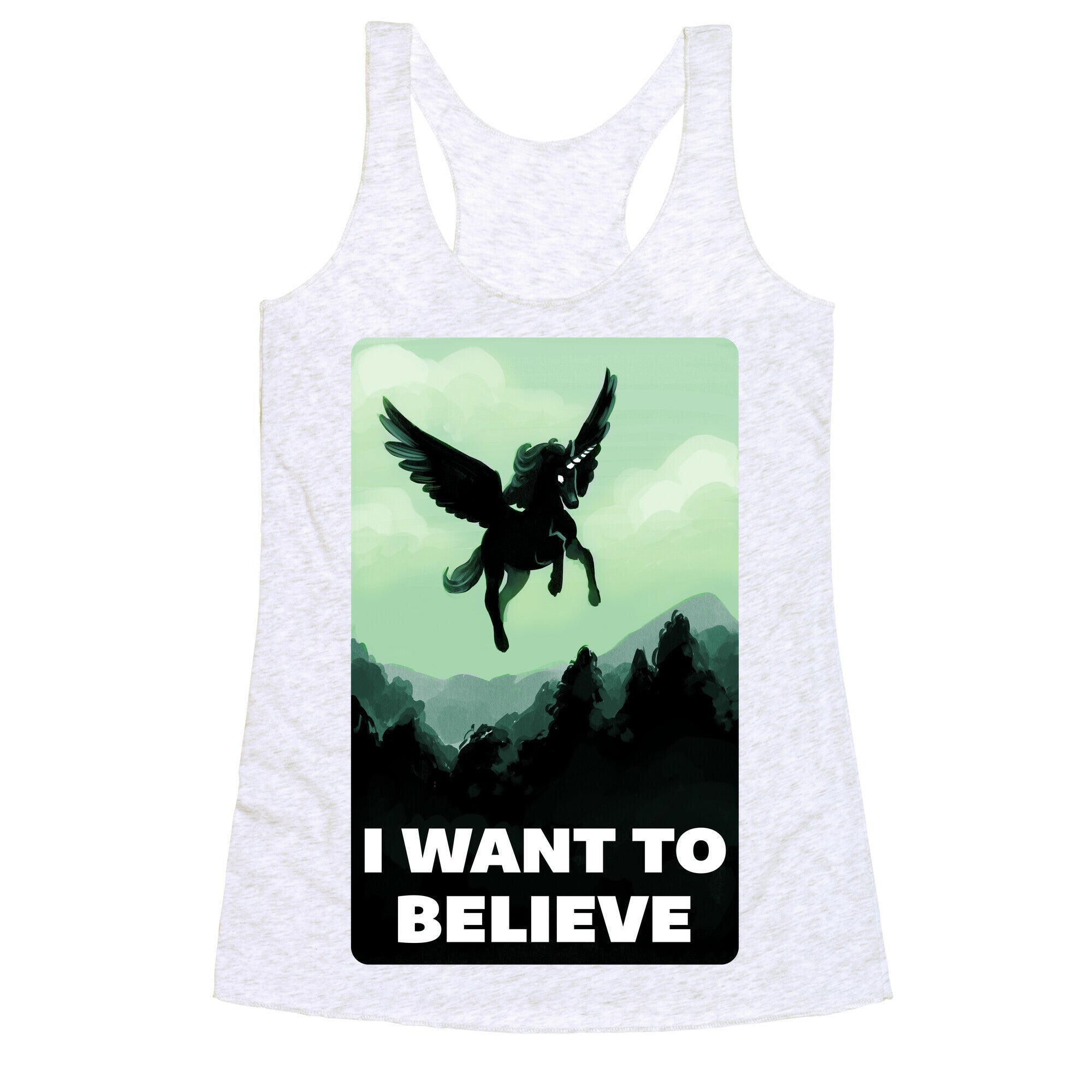 Winged Unicorn: I Want To Believe Parody Racerback Tank
