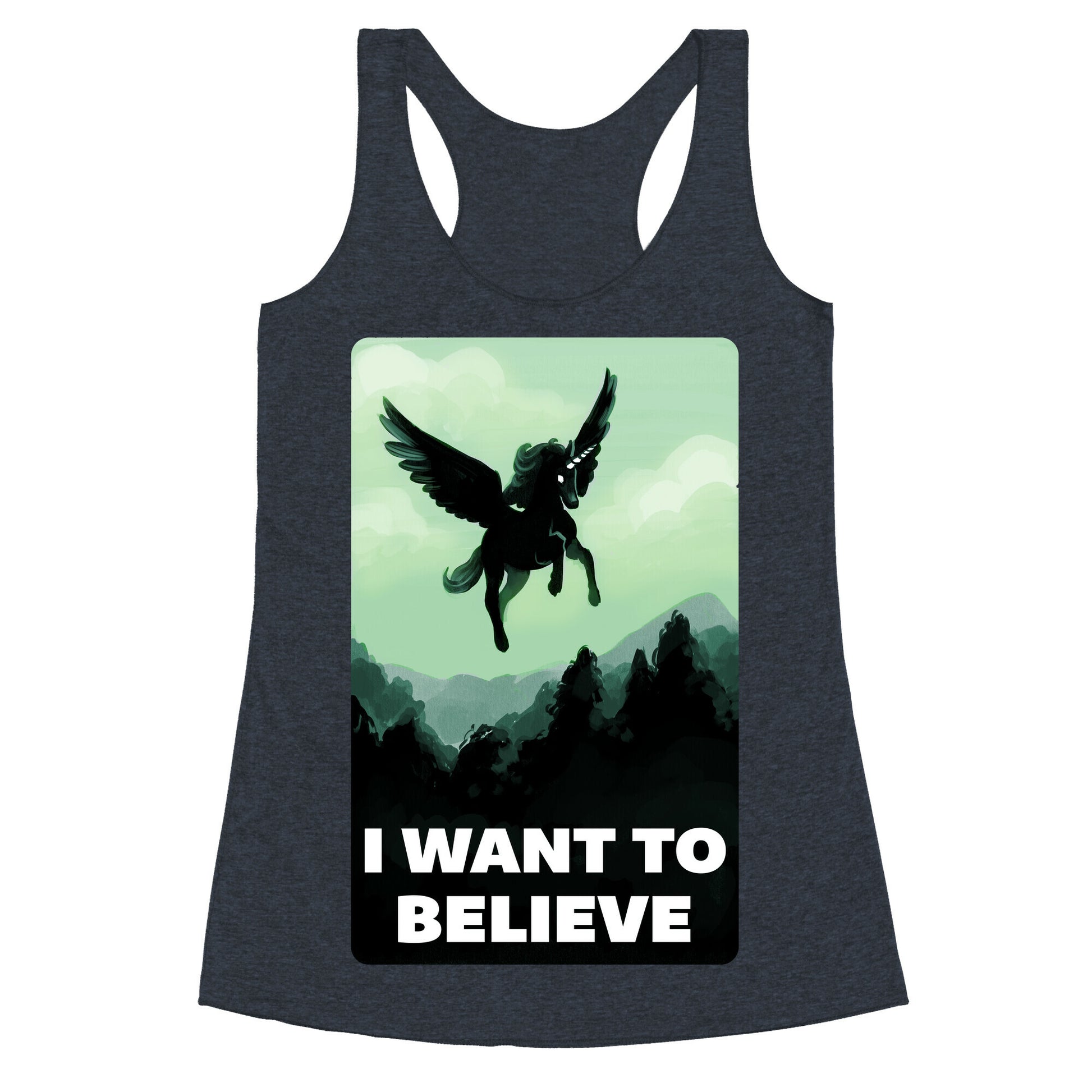 Winged Unicorn: I Want To Believe Parody Racerback Tank