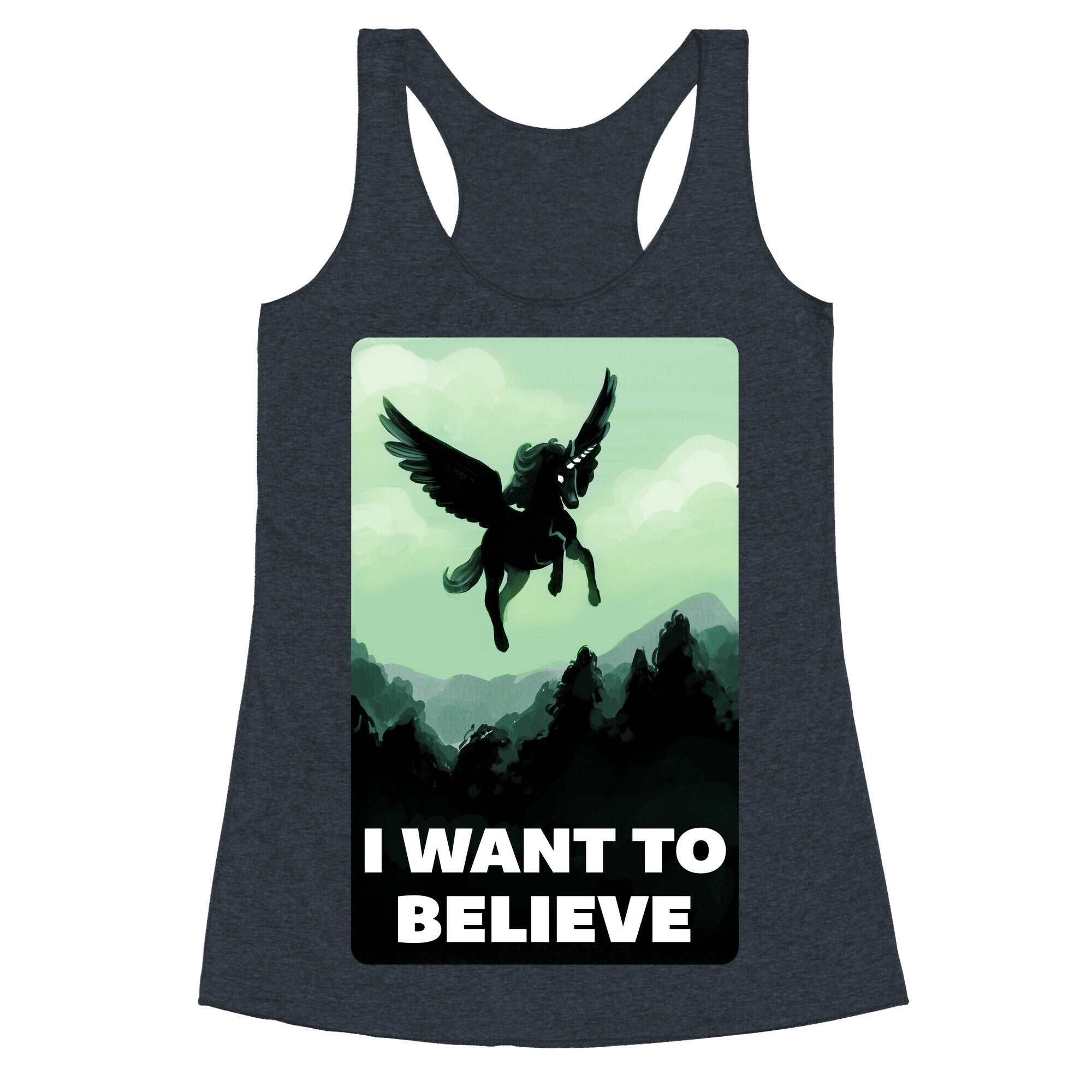 Winged Unicorn: I Want To Believe Parody Racerback Tank