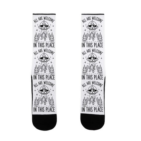 All are Welcome in this Place Bigfoot Alien Abduction Socks