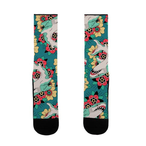 Floral Shark Traditional Tattoo Socks