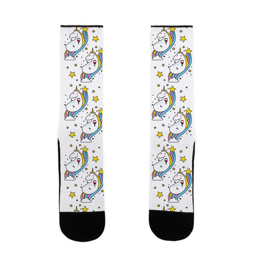 Unicorn Drinking Wine On Rainbow Socks