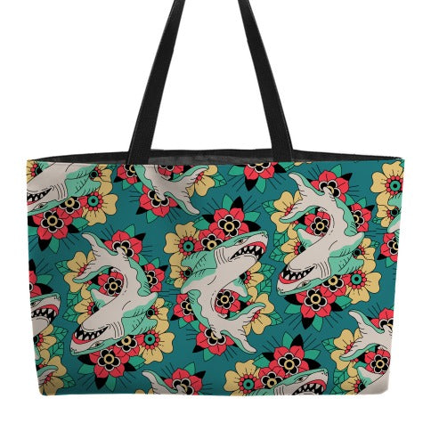 Floral Shark Traditional Tattoo Weekender Tote