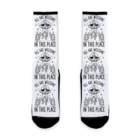 All are Welcome in this Place Bigfoot Alien Abduction Socks