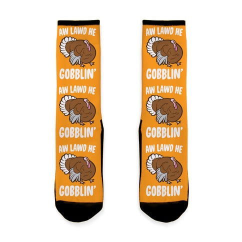 Aw Lawd He Gobblin' Turkey Parody White Print Socks