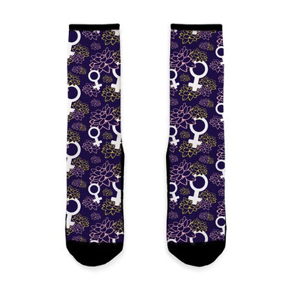 Feminist Symbol and Lotus Flowers Pattern Socks