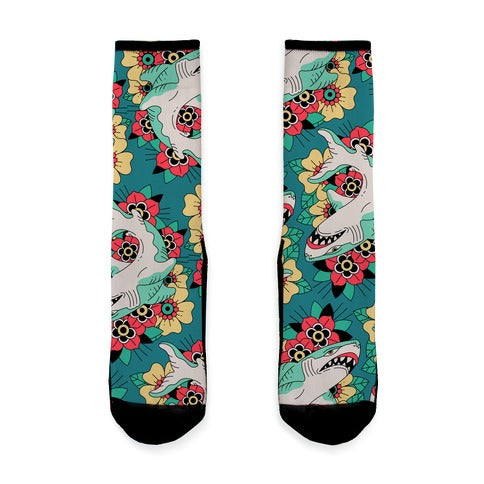 Floral Shark Traditional Tattoo Socks