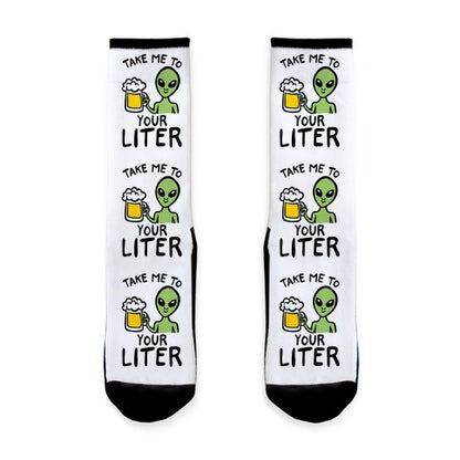 Take Me To Your Liter Alien Beer Parody Socks