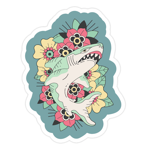 Floral Shark Traditional Tattoo Die Cut Sticker